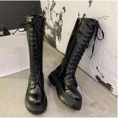 Chunky Platform Pu Leather Knee High Boots · KoKo Fashion · Online Store Powered by Storenvy Thigh High Combat Boots, Botas Grunge, Dr Shoes, Everyday Clothes, Leather Knee High Boots, Black Motorcycle, Pu Heels, Lace Up Booties, Knee High Leather Boots