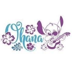 the word ohana with an image of stitchy bunny playing guitar and flowers around it