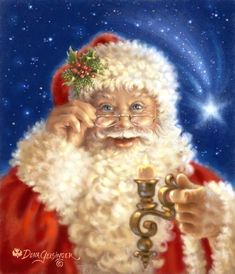 a painting of santa claus holding a christmas ornament in his right hand and looking at the camera