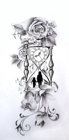 a drawing of a man and woman holding hands in front of a clock with roses on it