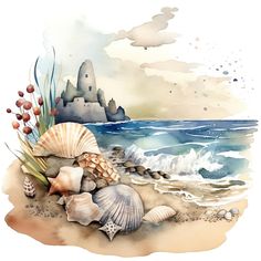 seashells and seaweed on the beach with castle in background watercolor painting