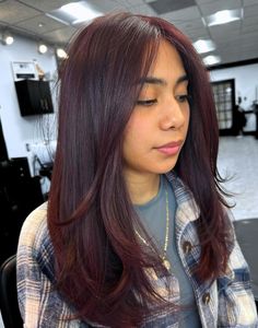 Mahogany Brown Flip Hair Mahogany Hair Color Burgundy, Best Hair Color For Hazel Green Eyes, Burgundy Brunette Hair, Long Hairstyles For Straight Hair, Brownish Purple Hair, Medium Mahogany Brown Hair, Reddish Brown Hair Straight, Dark Mahogany Brown Hair, Cherry Red Hair On Brown Skin