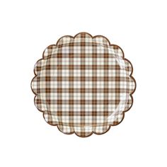 a brown and white checkered plate with scalloped edges on a white background