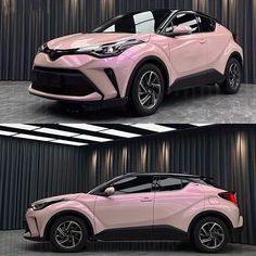 two pictures of the new toyota c - hr concept car, one is pink and the other is black