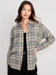 Loose Flannel Boyfriend Shirt for Women | Old Navy Body Boyfriend, Flannel Oversized, Button Up Shirt Womens, Cap Sleeve Shirt, Fall 23, Womens Flannel Shirt, Oversized Flannel, Utility Pockets, Orange Plaid