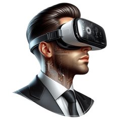 a man wearing a suit and tie with a virtual headset on his head,