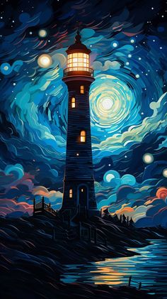 a painting of a lighthouse at night with the moon in the sky