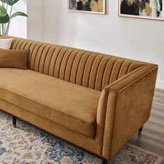 a brown couch sitting on top of a wooden floor next to a plant in a living room