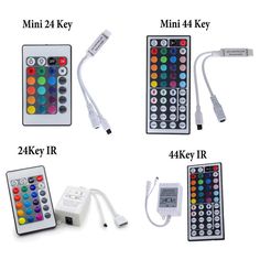 four different types of remote controls are shown in this image and labeled with each key