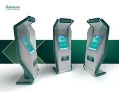 three electronic kiosks stand next to each other in front of a green and white background