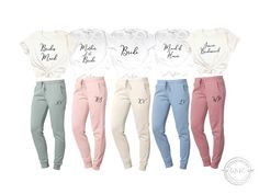 four different colored pants and t - shirt with the words bride on them in black, white