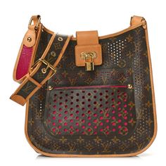 This is an authentic LOUIS VUITTON Monogram Perforated Musette in Fuchsia.  This stylish bag is crafted of Louis Vuitton monogram toile canvas in a tall classic messenger silhouette with a frontal pocket.  The bag has trimming of natural vachetta cowhide leather around the borders and a top closure strap.  The adjustable shoulder strap features toile canvas with a trim of natural vachetta at the edges with an under side of pink leather.  The bag has gold strap rings, buckles, studs and a polishe Lious Vuitton, Under Side, Stylish Bag, Pink Leather, Authentic Louis Vuitton, Cowhide Leather, Bright Pink, Louis Vuitton Monogram, Patch Pocket