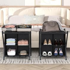 a living room filled with furniture and lots of shoes