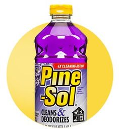 a bottle of pine soi cleaner and deodorizer on a yellow circle