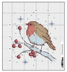 a cross stitch bird sitting on top of a tree branch