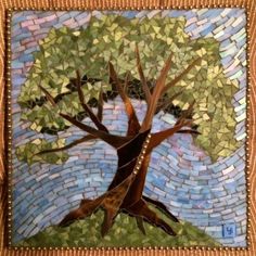 a painting of a tree with blue sky and clouds in the background, made out of mosaic tiles