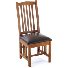 a wooden chair with black leather seat pad