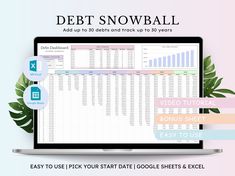 the debt snowball spreadsheet is displayed on a computer screen with tropical leaves surrounding it