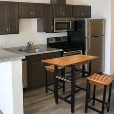 a kitchen with black appliances and wooden stools