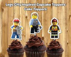 lego city inspired cupcake toppers with chocolate frosting