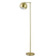 a gold floor lamp with a white ball on the top and a black light at the bottom