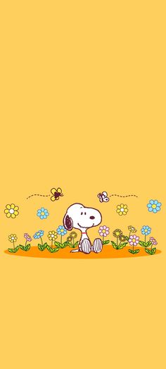 a cartoon dog is sitting in the grass with flowers and bees flying around his head