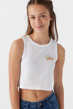 O'Neill Girl's Gigi tank 14" In length Reactive Dye Screen Print Graphic 100% Cotton Blonde Young Teenage Girl, Forever 21 White Spring Tank Top, Preteen Mini Skirts, Young Teen Bra, Girls Tank Top, Preteen Fashion, Flannel Outfits, Spring Suit, Denim Sweater