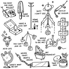 a black and white drawing of various things