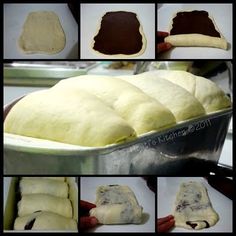 the process of making bread is being made with dough and rolled into buns, then topped with chocolate