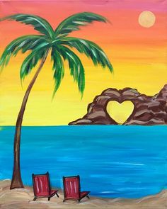 a painting of two chairs and a palm tree on the beach with a heart shaped rock in the background