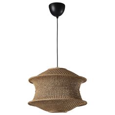 the light fixture is made out of straw and has a black plastic cone hanging from it