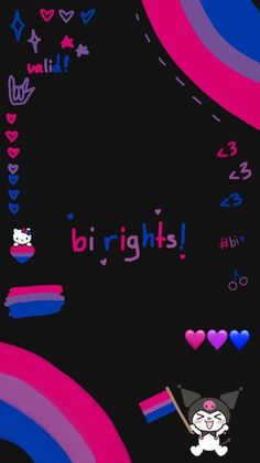 an animated cat holding a rainbow flag with the words brights on it and hearts