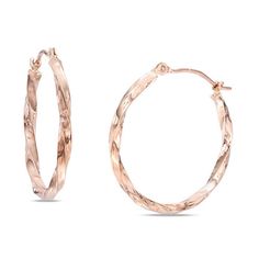 Uniquely designed, these glittering hoop earrings are a versatile look. Crafted in precious 10K rose gold, each 25.0mm hoop features two sparkling rows of gold that twist together in a surprising fashion. Buffed to a brilliant luster, these earrings secure with latch backs. Rose Gold Hoop Earrings, Gold Hoop, Earring Backs, Gold Hoop Earrings, Designer Earrings, Fashion Earrings, Types Of Metal, The Row, Gold Metal