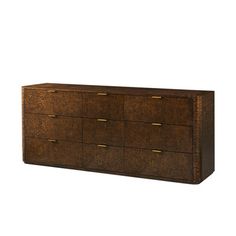 a brown dresser with gold handles and drawers