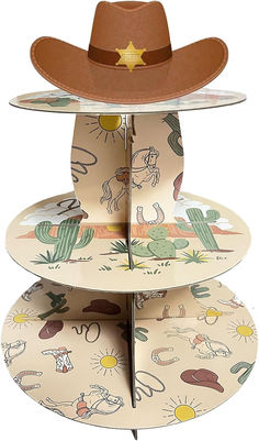 three tiered plate display with cowboy hats on it's sides and cactus designs