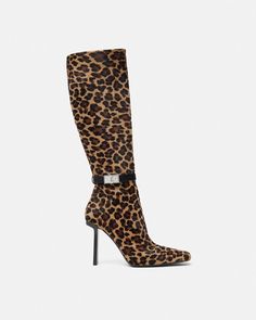 Leopard Slice Knee-High Boots 105 mm Leopard Boots, Versace Accessories, Goat Leather, Stiletto Pumps, Shoe Closet, Leopard Pattern, Calf Hair, Girls Boots