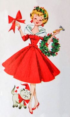 a drawing of a woman in a red dress holding a christmas wreath and a dog