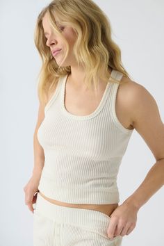 Women's ivory rib knit fitted tank top with scoop neck & curly-edge hem Beige Tank Top For Loungewear, Ribbed Tank Top For Layering, Everyday Ribbed Sleeveless Camisole, Everyday Ribbed Tank Strap Camisole, Everyday Ribbed Camisole With Tank Straps, Beige Tank Top For Layering, Everyday Beige Tank Top, Everyday Ribbed Camisole In Solid Color, Solid Ribbed Camisole For Everyday