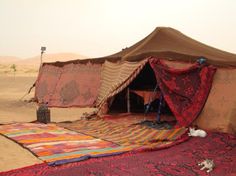 a tent in the desert with a cat laying on it's bed next to it