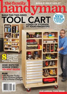 a man standing in front of a tool cabinet on the cover of handyman magazine