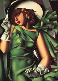 a painting of a woman wearing a hat and green dress