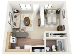 an overhead view of a small studio apartment