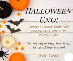 a sign that says halloween uno with pumpkins and bats