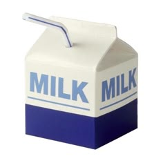 a blue and white milk carton with a straw sticking out of it's top