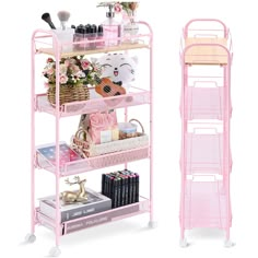 a pink shelf with baskets and other items on it next to a white background,