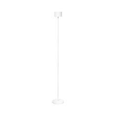 a white floor lamp with a round base and two lights on each side, in front of a white background