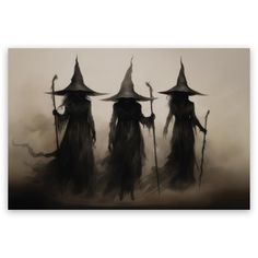 three witches standing in the fog with their heads turned to look like they are wearing hats and holding wands