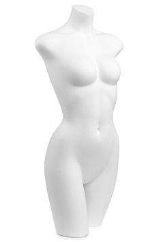 a white female mannequin is standing on a white base and has no shirt