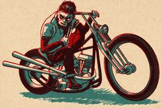 a man riding on the back of a motorcycle next to a red and blue background