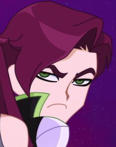 an animated image of a woman with green eyes and purple hair, looking at the camera